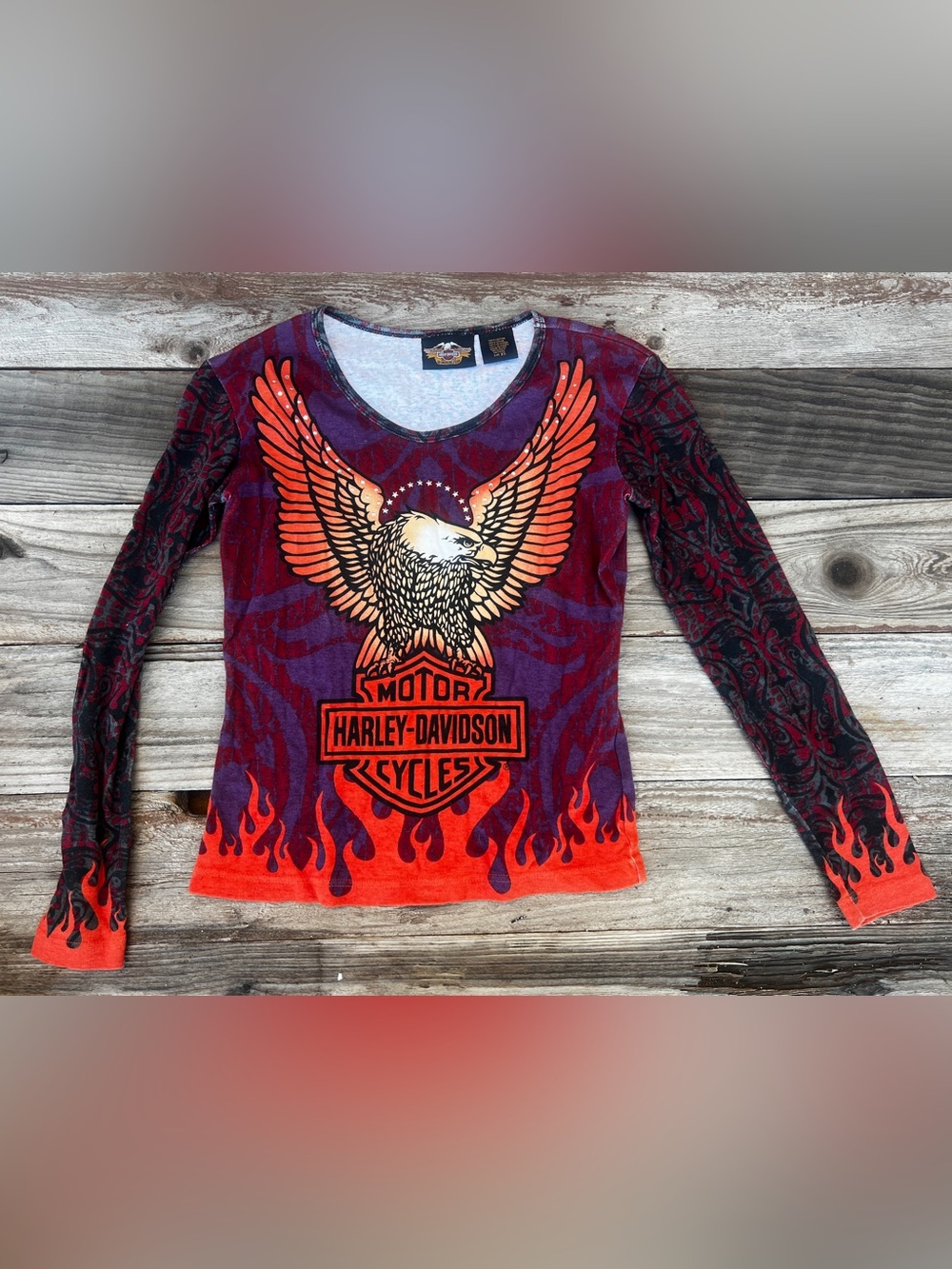 Vintage Harley-Davidson All Over Print AOP Eagle Flame Long-Sleeve Te